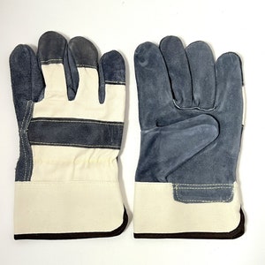 May include: A pair of work gloves with a white canvas and black stripes on the back of the hand. The palm of the gloves are made of blue leather.