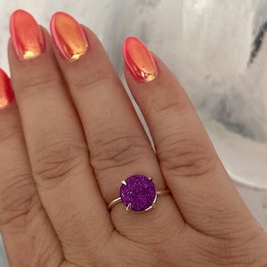 Purple Druzy Silver Band Ring.  Purple Druzy Adjustable Silver Ring.  Purple Druzy Dainty Ring. Purple Boho Rings