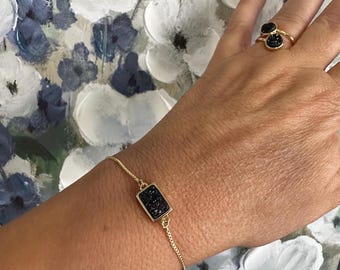 Rectangle Black Druzy Gold Plated adjustable bracelet.