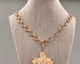 Hammered Cross Toggle Necklace. Choose Silver or Gold.