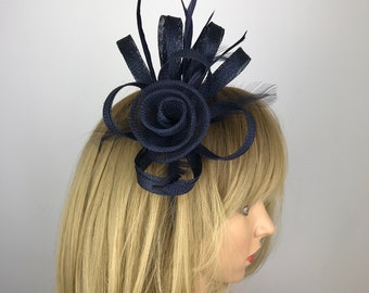 Dark Navy Blue Fascinator On Headband Flower And Feather Wedding Mother Of The Bride Ladies Day Races Bridesmaid Ascot