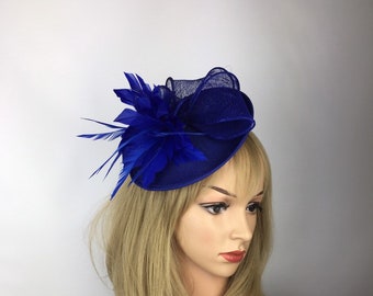 Electric Cobalt Blue Gold Peacock Feather Pillbox Hat Fascinator Hair Clip 4521 