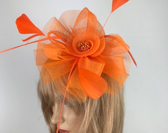 Orange Fascinator Tangerine Wedding Fascinator Mother of the Bride Headband and Clip Races Ascot Bridesmaid Special Occasion