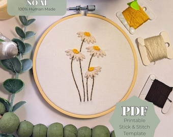 Daisy Stick and Stitch Embroidery Pattern, Simple Flower Embroidery PDF, Minimal Floral Hand Embroidery Design, Beginner Printable Hoop Art