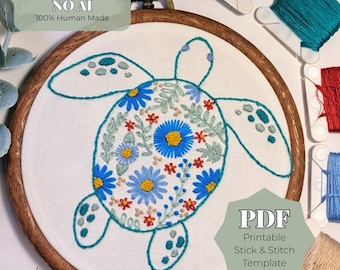 Sea Turtle Stick and Stitch Embroidery Pattern, Ocean Hand Embroidery PDF, Beginner Marine Animal Design,Printable Stick and Stitch Template