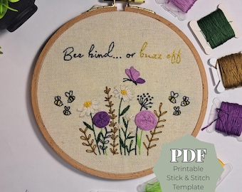 Bee Floral Stick and Stitch PDF Template, Beginner Hand Embroidery Pattern, Printable Bee Quote Design, Easy Calm Stitch Download