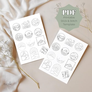 May include: Two white sheets featuring black line art illustrations of mountains, suns, and landscapes. The text "PDF Printable Stick & Stitch Template" is in a green shape. The Fine Line Stitches logo is in the bottom left corner.