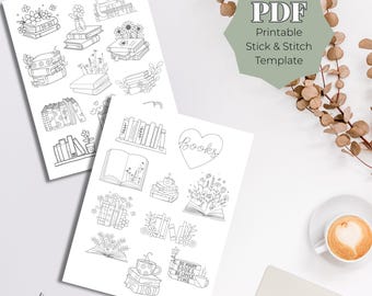 Book Stick and Stitch PDF Template, Printable Hand Embroidery Patterns, Book Lover Embroidery Designs, Reading Aesthetic Stitch Download
