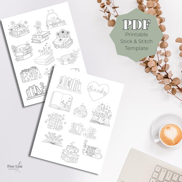 Book Stick and Stitch PDF Template, Printable Hand Embroidery Patterns, Book Lover Embroidery Designs, Reading Aesthetic Stitch Download