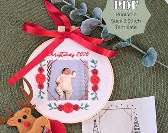 Christmas Photo Frame Stick and Stitch PDF Template, Holiday Hand Embroidery Pattern,Printable Winter Frame Designs, DIY Ornament Embroidery