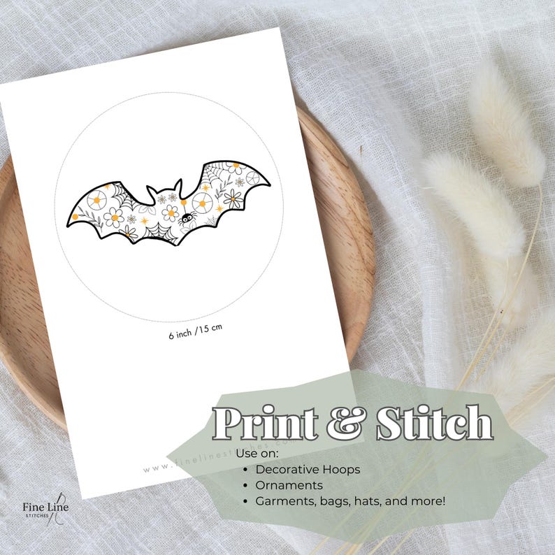 Floral Bat Embroidery Pattern PDF, Halloween Stick and Stitch Template ...