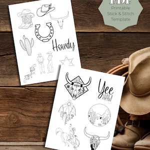 PDF-Vorlage für Western-Cowboy-Stickerei, Western-Handstickmuster, druckbare Designs für Cowboy-Stiefel und -Hüte, Country-Stickerei