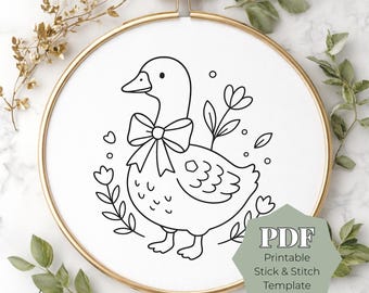 Country Goose Stick and Stitch Embroidery Pattern, Farm Goose Embroidery PDF, Cute Goose Hand Embroidery Design, Beginner Printable Hoop Art