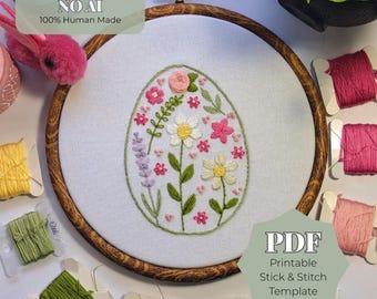 Floral Easter Egg Stick and Stitch Embroidery Pattern, Spring Hand Embroidery PDF File, Beginner Floral Egg Design, Printable Stitch Pattern