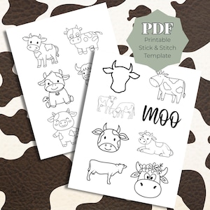 May include: Two white paper sheets with black line drawings of cows. One sheet has multiple cow illustrations, the other has cow outlines and the word "moo". A green and white label reads "PDF Printable Stick & Stitch Template".