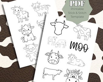 Cows Stick and Stitch PDF Template, Beginner Hand Embroidery Patterns, Printable Cute Cow Designs, Easy Farm Stitch Download