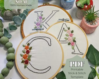 Floral Alphabet Stick and Stitch Embroidery Pattern, Monogram Letter Hand Embroidery PDF, Printable Floral Initials for 6 Inch Hoop