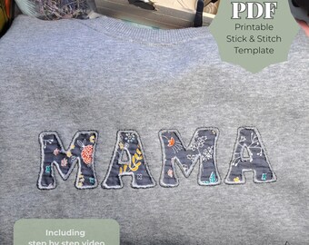Mama Sweatshirt Reverse Appliqué Stick and Stitch Pattern PDF, Hand Embroidery Template for Sweatshirts, Printable DIY Design for Beginners
