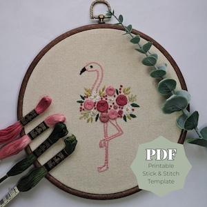 Floral Flamingo Stick and Stitch PDF Template, Beginner Hand Embroidery Patterns, Printable Tropical Flamingo Design, Easy Calm Stitch