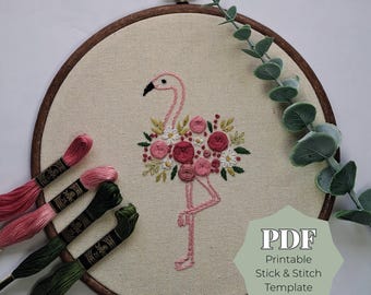 Floral Flamingo Stick and Stitch PDF Template, Beginner Hand Embroidery Patterns, Printable Tropical Flamingo Design, Easy Calm Stitch