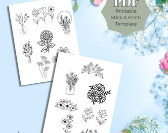 Flowers Stick and Stitch PDF Template, Beginner Hand Embroidery Pattern, Printable Floral Embroidery Designs, Easy Calm Stitch Download