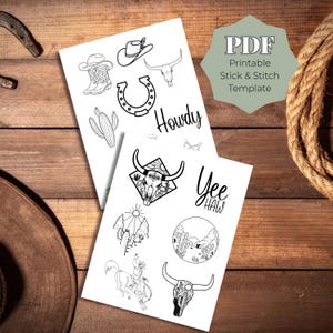 May include: Two white printable templates with black line drawings of cowboy-themed images, including a cowboy hat, boots, a horseshoe, and a bull skull. The text "Howdy" and "Yee Haw" are also included. A PDF template is also shown.