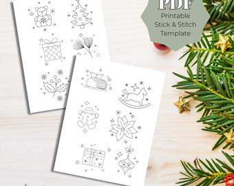 Christmas Stick and Stitch PDF Template, Beginner Hand Embroidery Patterns, Printable Holiday Designs, Easy Christmas Stitch Download