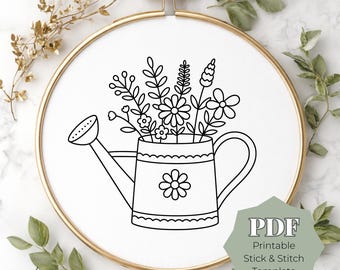 Floral Watering Can Stick and Stitch Embroidery Pattern, Beginner Flower PDF, Garden Embroidery Design, Beginner Printable Hoop Art