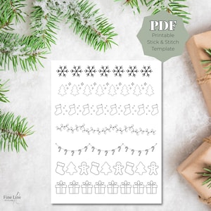Könnte beinhalten: Ein weißes, druckbares Stick-and-Stitch-Template mit verschiedenen weihnachtlichen Designs. Das Template enthält Schneeflocken, Weihnachtsbäume, Strümpfe, Lichterketten, Zuckerstangen, Lebkuchenmänner und Geschenkboxen. Der Text "PDF Printable Stick & Stitch Template" ist ebenfalls sichtbar.