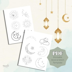 May include: Two white printable templates featuring celestial designs, including moons, stars, and suns. The templates are for stick and stitch embroidery. The image also includes hanging lanterns and stars, with the text "PDF Printable Stick & Stitch Template".