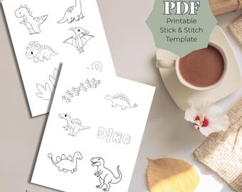 Dinosaur Stick and Stitch PDF Template, Cute Kids Hand Embroidery Patterns, Printable Dino Designs, DIY Clothes Embroidery Download