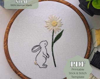 Bunny and Daisy Stick and Stitch Embroidery Pattern, Easter Hand Embroidery PDF, Beginner Rabbit Floral Design, Printable Stitch Pattern
