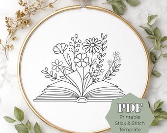 Book and Flowers Stick and Stitch Embroidery Pattern, Floral Book Hand Embroidery PDF, Cozy Reading Embroidery Design, Printable Hoop Art