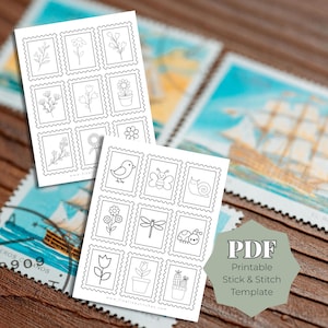 May include: Two white rectangular sheets featuring black line art illustrations of flowers, insects, and plants arranged in a grid of postage stamp frames. A sage green hexagon overlay displays the text PDF Printable Stick & Stitch Template.