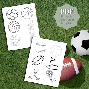 May include: Two white sheets of paper featuring black line art illustrations of various sports equipment including soccer balls, basketballs, volleyballs, a foam finger, a medal, a baseball, a football, a golf flag, hockey sticks, and a tennis racket.