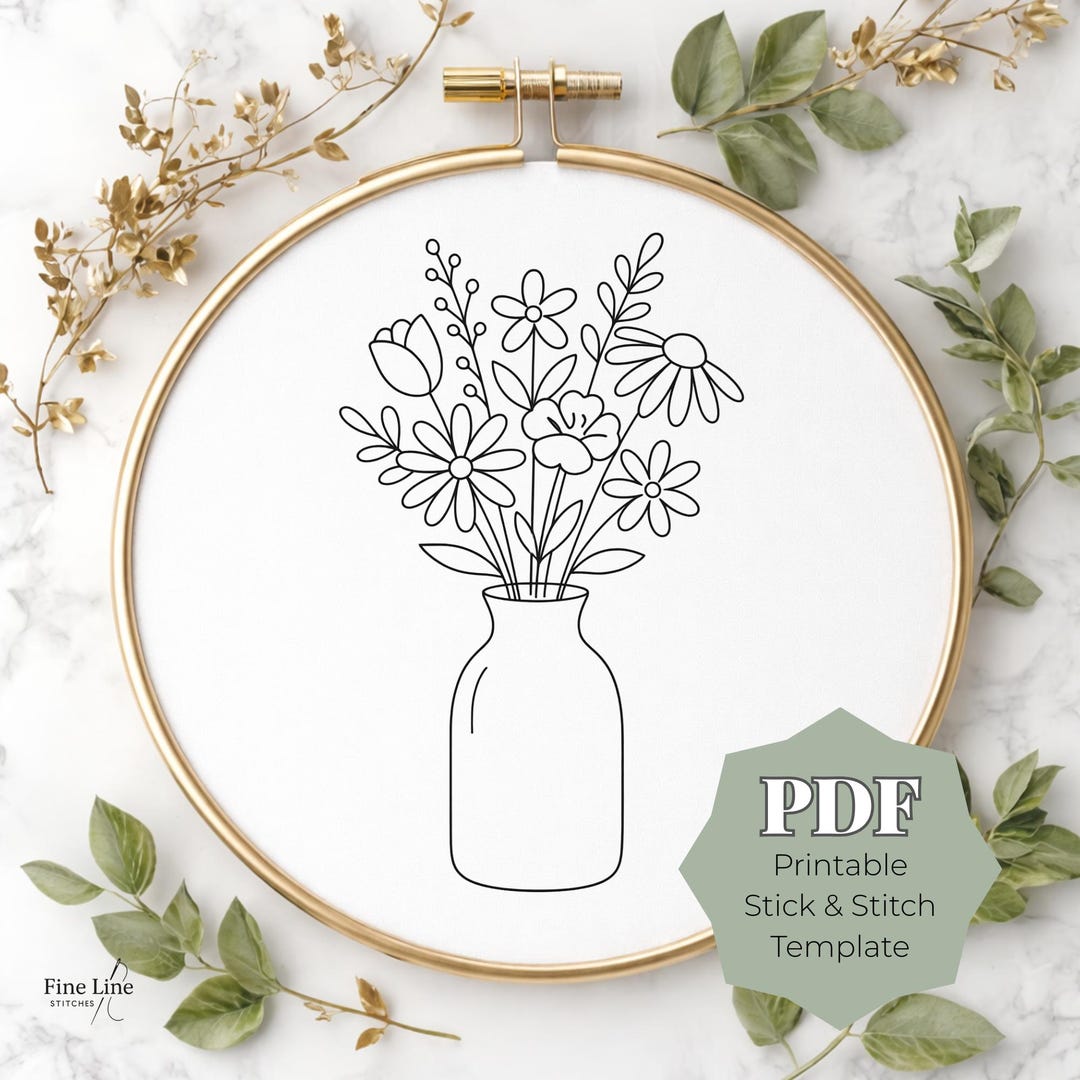 Floral Vase Stick and Stitch Embroidery Pattern, Wildflower Bouquet ...