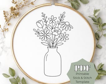 Floral Vase Stick and Stitch Embroidery Pattern, Wildflower Bouquet Embroidery, Beginner Floral Hand Embroidery Design, Printable Hoop PDF