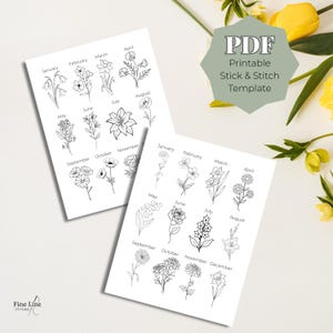 May include: Two white paper sheets with black line drawings of flowers, each labeled with a month. The text "PDF Printable Stick & Stitch Template" is on a green hexagon. The Fine Line Stitches logo is in the bottom left corner.