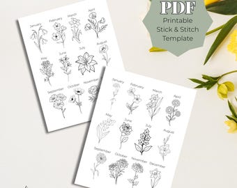 Birth Month Flower Stick and Stitch PDF Template, Beginner Hand Embroidery Patterns, Printable Floral Designs, Easy Flower Stitch Download