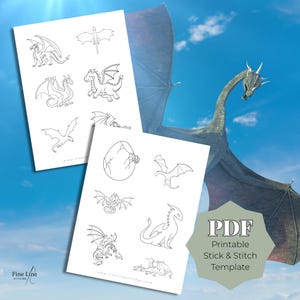 May include: Two white sheets of paper featuring black line art illustrations of various dragons and a cracked egg. The text on the sheets includes the website address www.finelinestitches.com and a label reading PDF Printable Stick & Stitch Template.