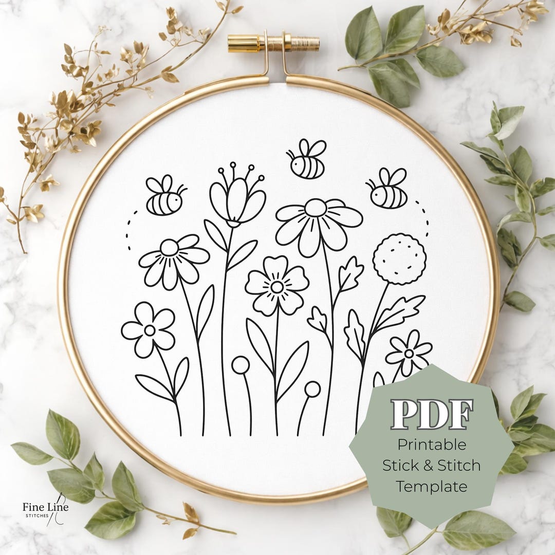 Wildflower Bee Stick and Stitch Embroidery Pattern, Floral Meadow Hand ...