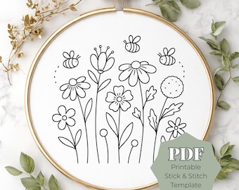 Wildflower Bee Stick and Stitch Embroidery Pattern, Floral Meadow Hand Embroidery, Floral Hoop Design, Beginner Friendly, Printable Hoop Art