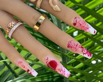 REDRUM | Blood Nails | Halloween Pressons | Blood Splatter Press On Nails | Horror Presson Nails | Spooky | Witchy | Blood Drip | French Tip