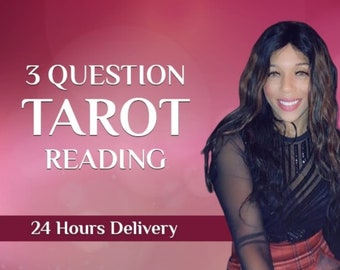 Può includere: Immagine promozionale con il testo "3 QUESTION TAROT READING" in bianco su uno sfondo rosa sfumato. Il testo "24 Hours Delivery" è su uno striscione bordeaux. Una donna con lunghi capelli ondulati è visibile sul lato destro dell'immagine.