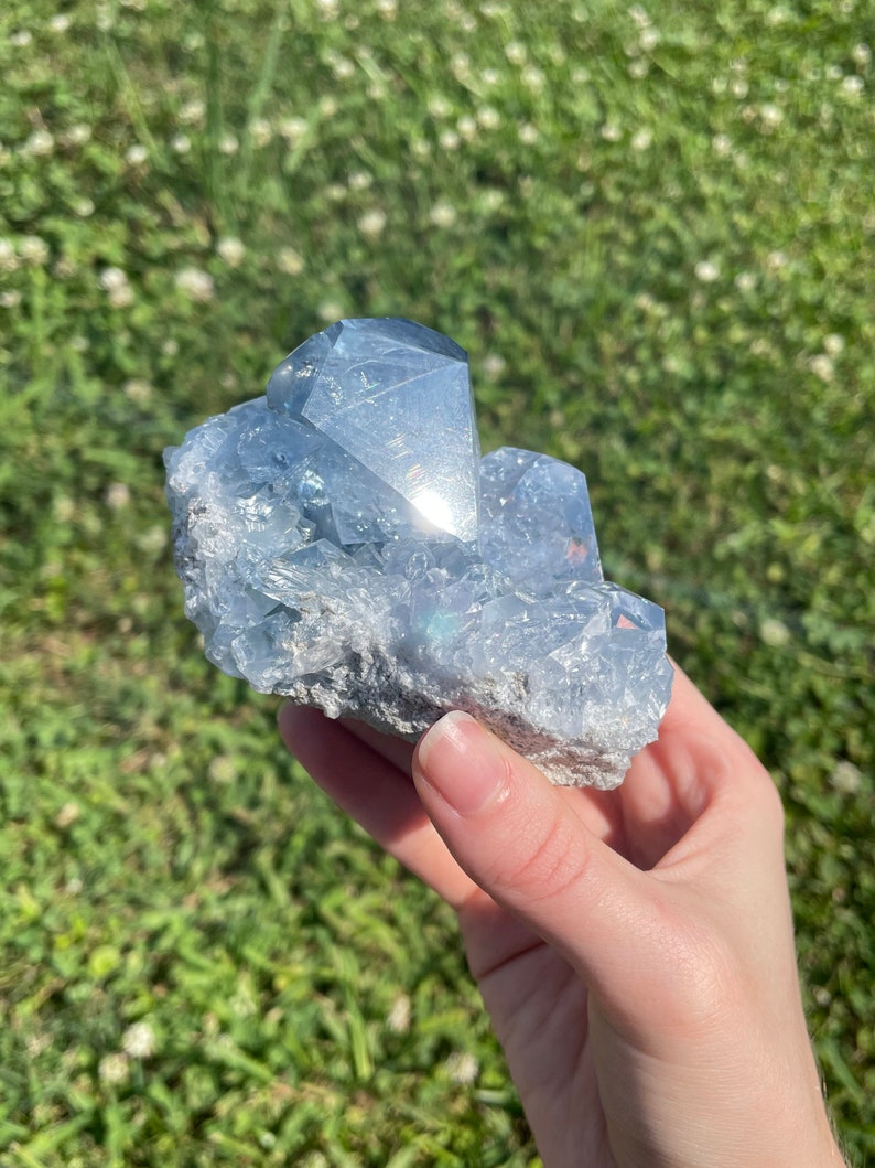 May include: A cluster of light blue celestite crystals. The crystals have a faceted, geometric shape and are set on a rough, gray matrix. The celestite is held in a hand against a backdrop of green grass.