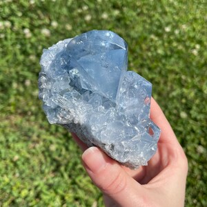 May include: A light blue celestite crystal cluster. The crystal has a faceted, geometric shape and is held against a backdrop of green grass. The crystal's color ranges from pale to medium blue, with a crystalline texture.