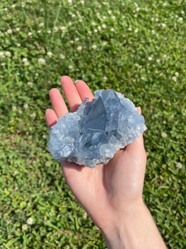 May include: A light blue celestite crystal cluster. The crystal has a rough, textured surface and a crystalline structure. The celestite is held in a hand against a backdrop of green grass and white flowers.