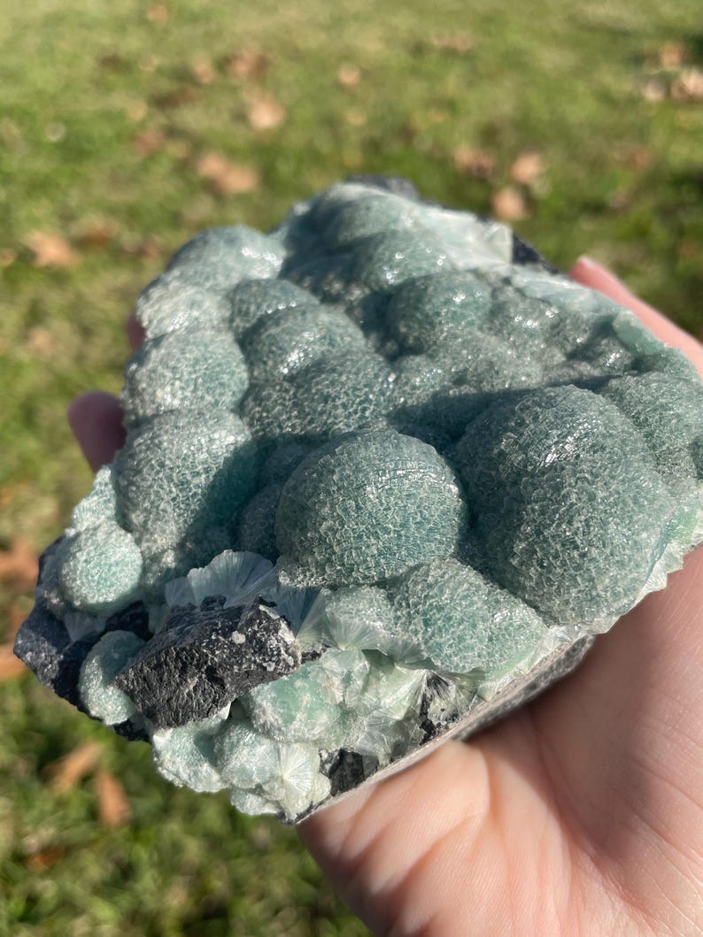 May include: A raw mineral specimen featuring clusters of rounded, translucent, sea-green botryoidal formations. The surface of these spheres displays a fine, crystalline texture, contrasted by dark, jagged, charcoal-coloured rock at the base.