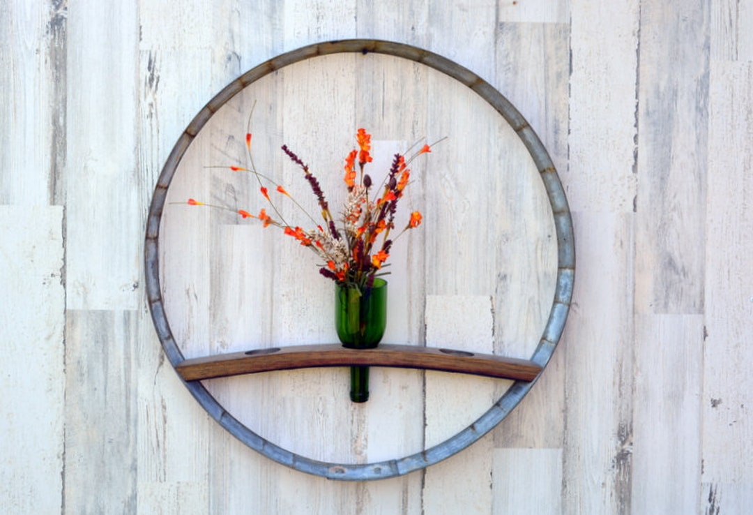 Wine Barrel Ring and Stave Wreath, Recycled Wine Bottle Vase, Whiskey
