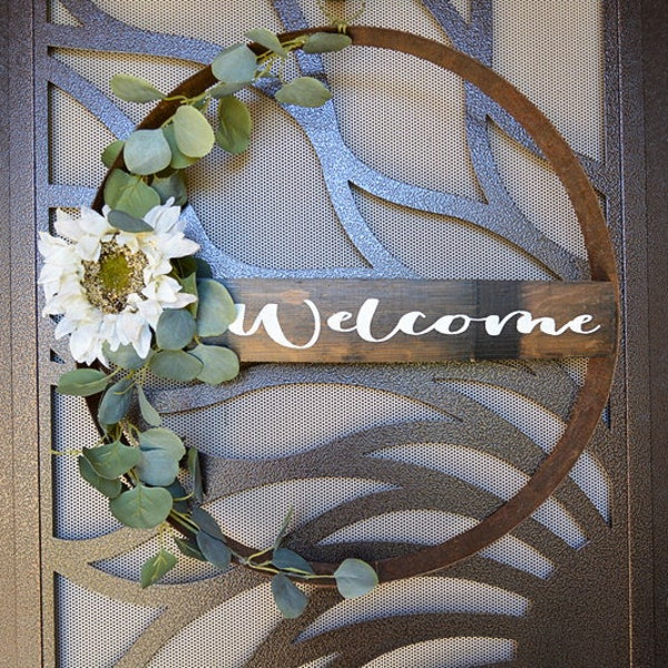 Sunflower Wine Barrel Ring Welcome Front Door Wreath, Wood Whiskey Barrel Ring Spring Door Hanger, Wine Lover Gift, Housewarming Gift